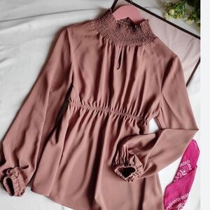 Women’s Long Sleeve Smocked Neck Blouse - Mauve Pink
